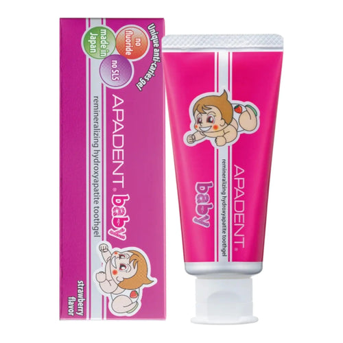 Gel pasta de dinti pentru bebelusi APADENT BABY, nano-hidroxiapatita, fara fluor, aroma capsuni, 55 g - DIVADENT - Produse premium de igiena orala cu hidroxiapatita