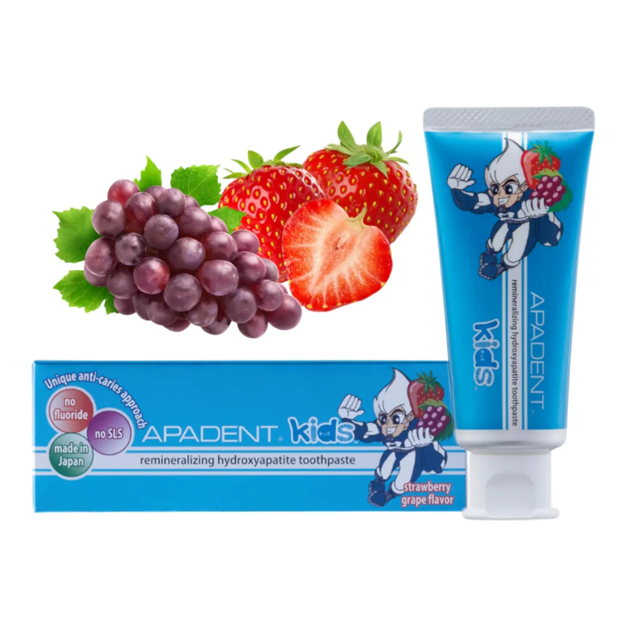 Pasta de dinti pentru copii APADENT KIDS, nano-hidroxiapatita, fara fluor, aroma capsuni si struguri, 60g - DIVADENT - Produse premium de igiena orala cu hidroxiapatita